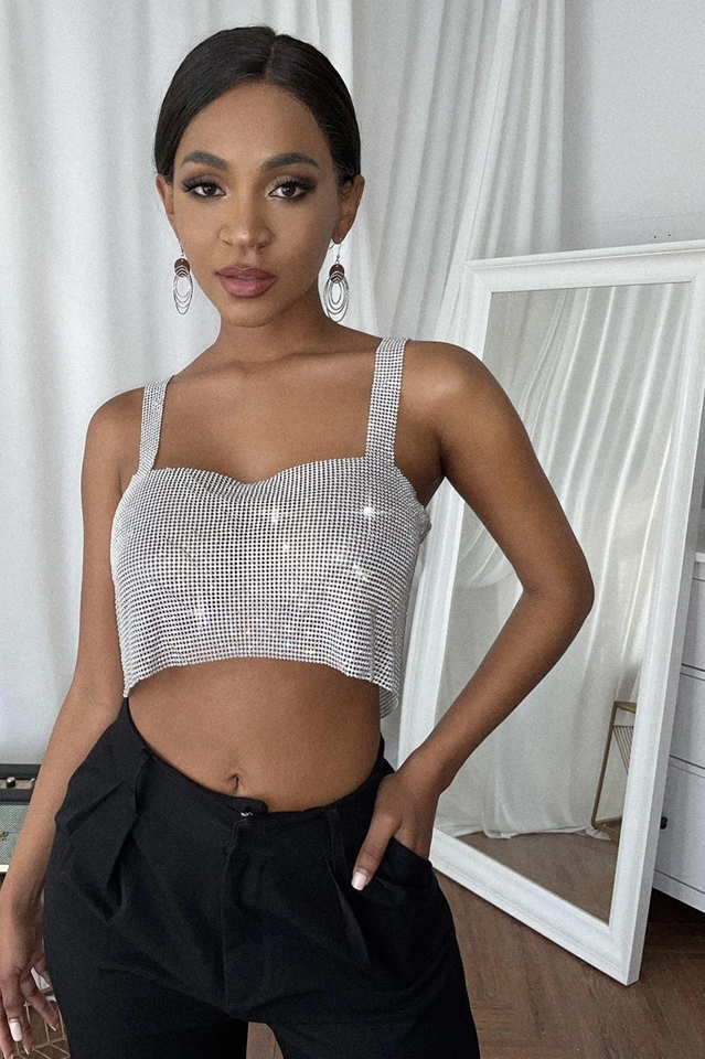 Rhinestone Metallic Crop Cami Top