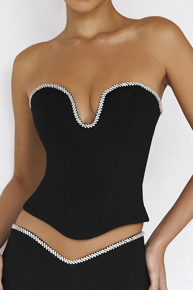 Black Crystal Trimmed Plunge Neck Corset