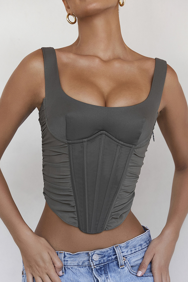 Gray Lace Back Corset with Underwired Cups