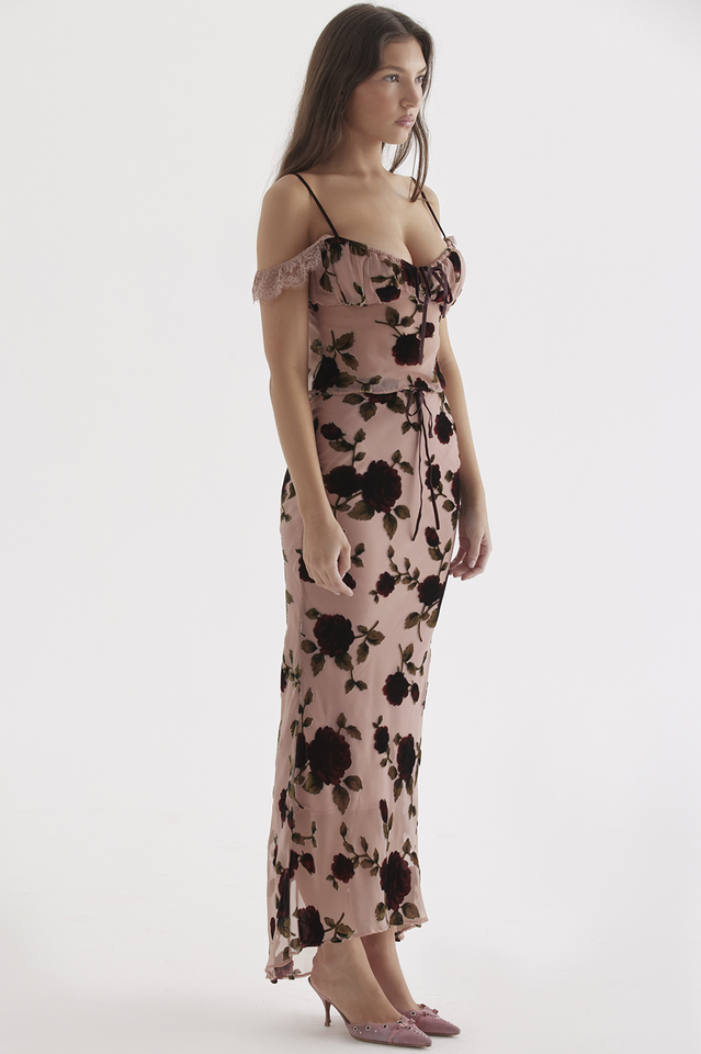 Pink Rose Floral Top and Maxi Skirt Set