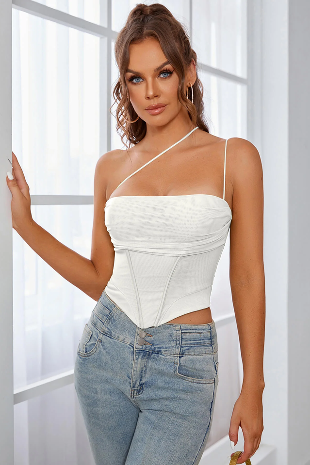 One Shoulder Asymmetrical Hem Mesh Top