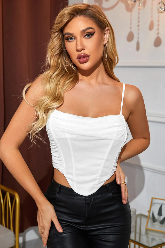 Boning Ruched Mesh Corset Top - Asymmetrical Crop Style