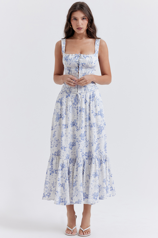 Aitana Blue Print Top and Midi Skirt Set