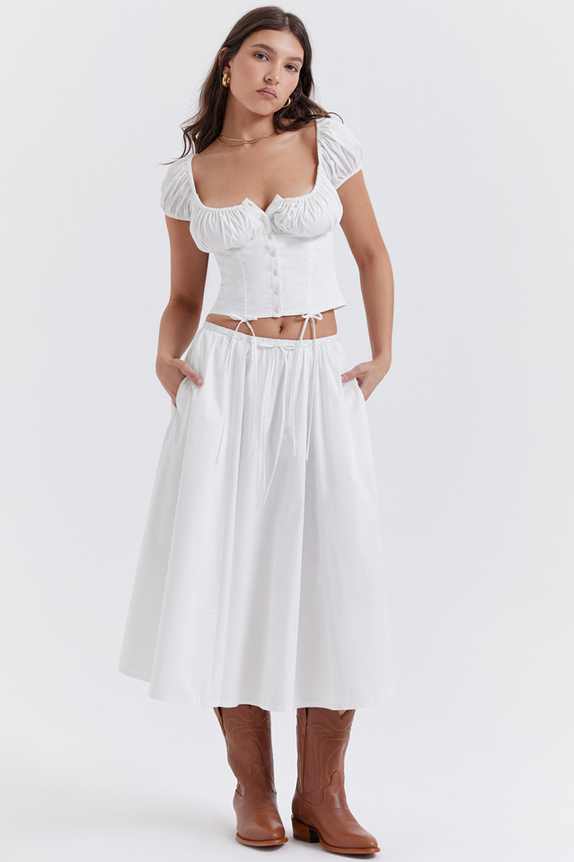 Cora White Gathered Cotton Top and Skirt Set