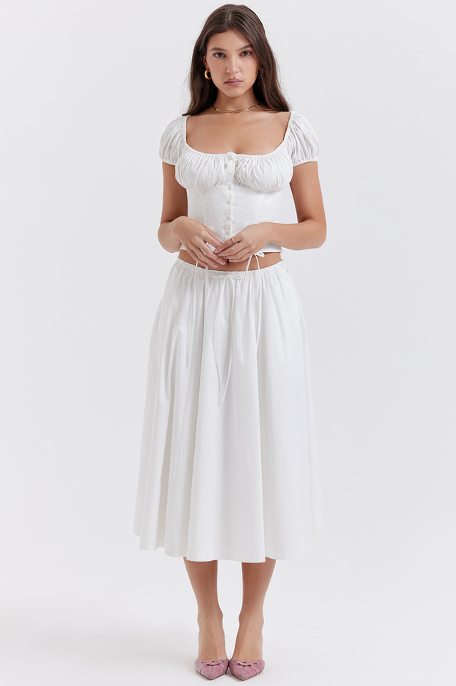 Cora White Gathered Cotton Top and Skirt Set