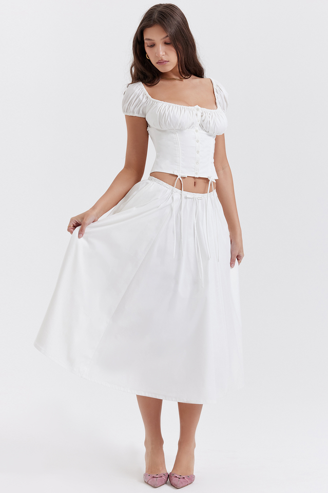 Cora White Gathered Cotton Top and Skirt Set