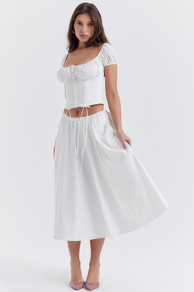 Cora White Gathered Cotton Top and Skirt Set