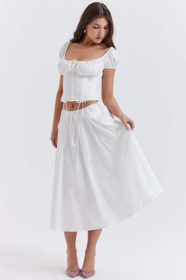 Cora White Gathered Cotton Top and Skirt Set