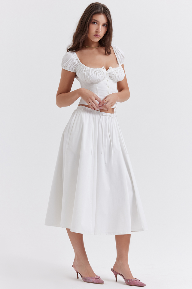 Cora White Gathered Cotton Top and Skirt Set