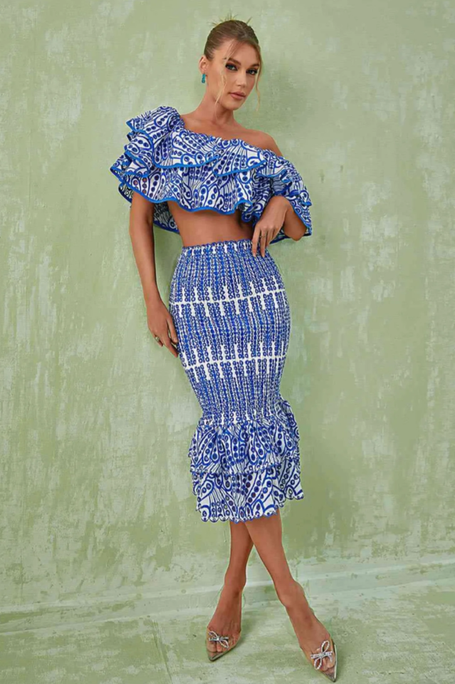 Embroidery Ruffle Blouse And Midi Skirt Set