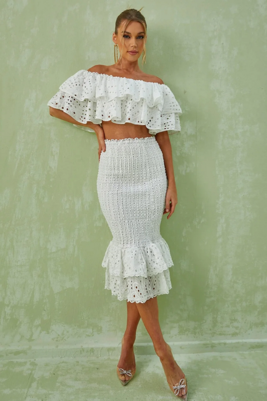 Embroidery Ruffle Blouse And Midi Skirt Set