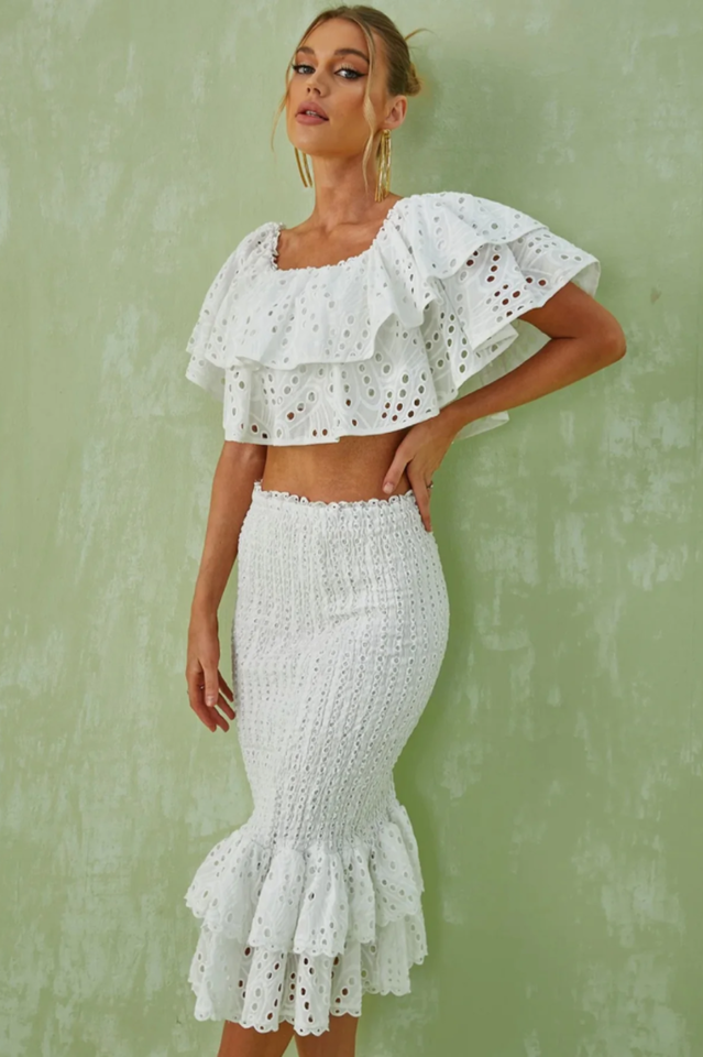 Embroidery Ruffle Blouse And Midi Skirt Set