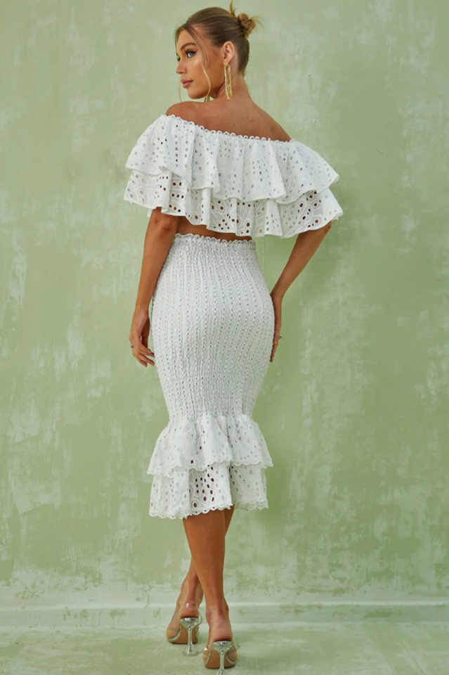 Embroidery Ruffle Blouse And Midi Skirt Set