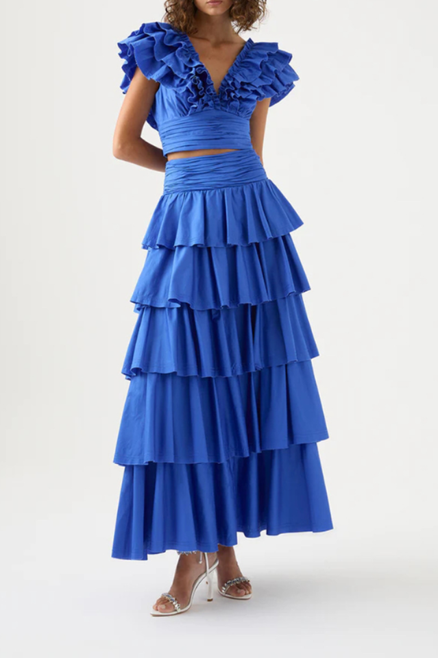 Eleni Tiered Maxi Skirt Set with Frills and V-Neck