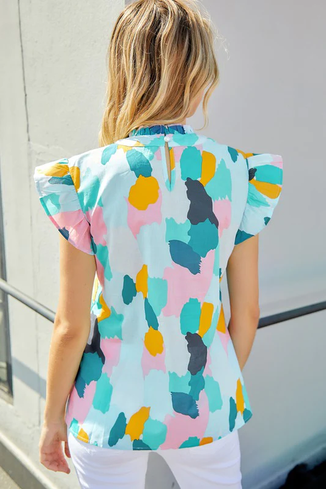 Lightweight Abstract Print Top with Ruffled Sleeves