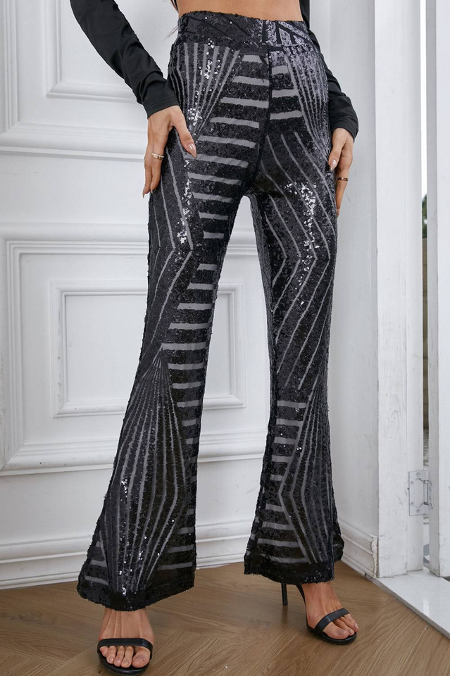 Sequin High Rise Flare Pants with Elastic Waist