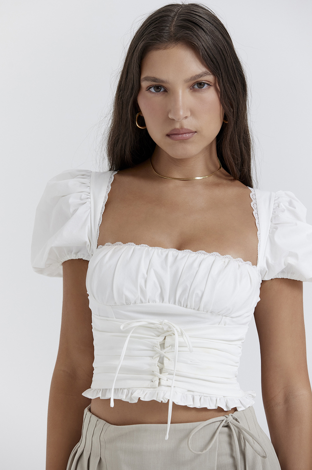 White Cotton Pleated Top with Scalloped Details