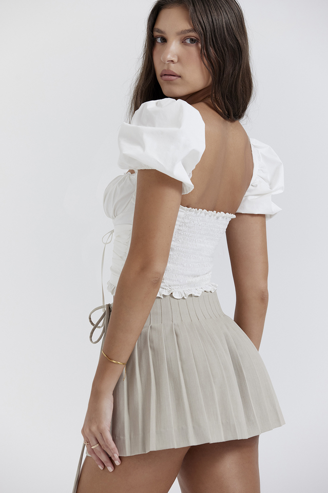 White Cotton Pleated Top with Scalloped Details