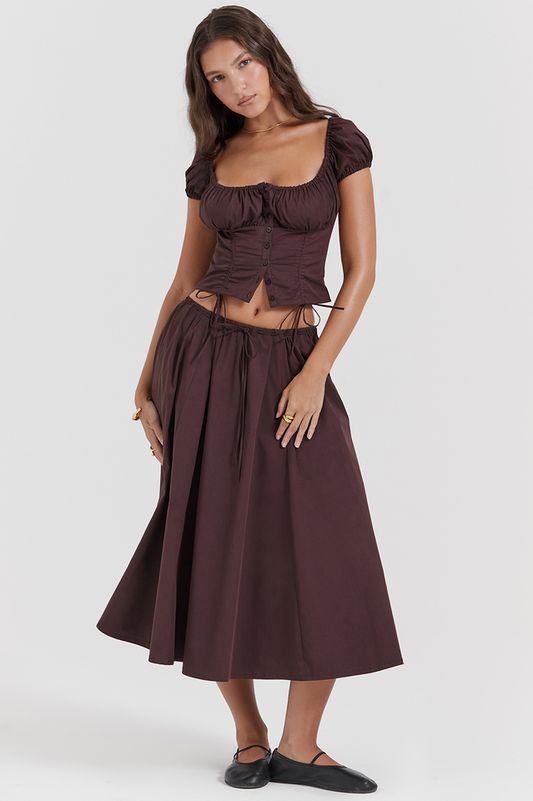 Rich Brown Gathered Top and Skirt Set