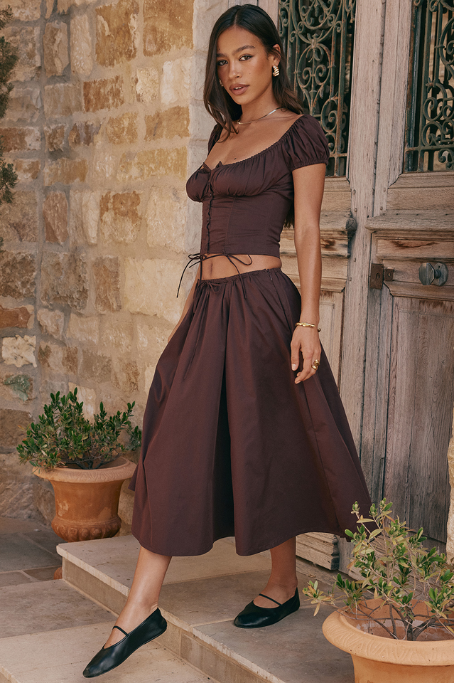 Rich Brown Gathered Top and Skirt Set