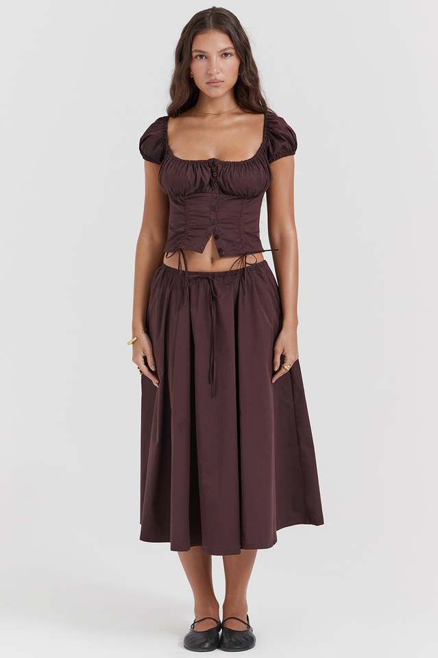 Rich Brown Gathered Top and Skirt Set