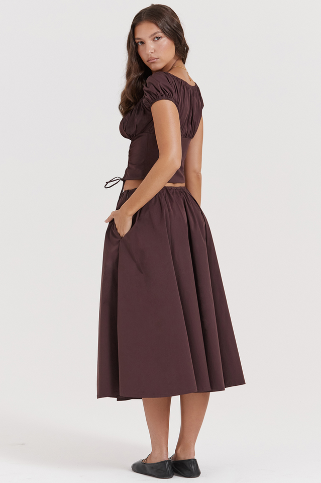 Rich Brown Gathered Top and Skirt Set