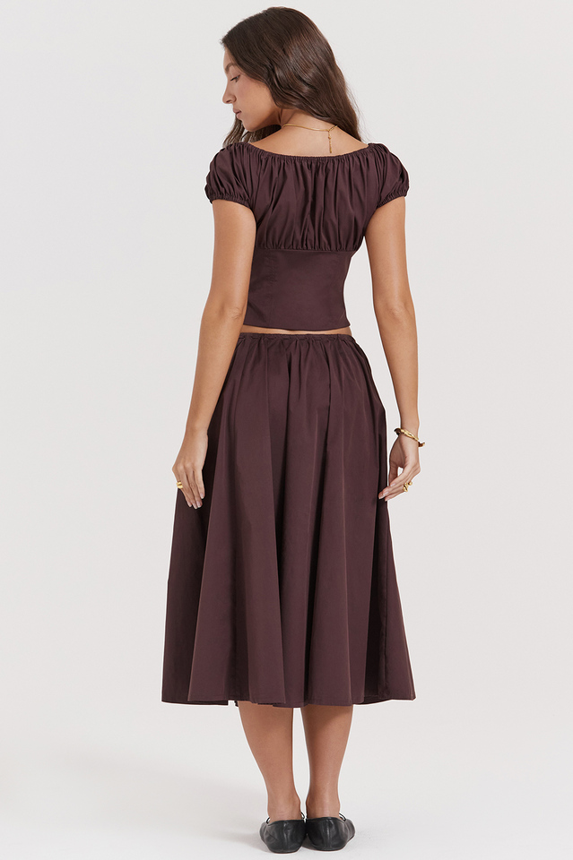 Rich Brown Gathered Top and Skirt Set