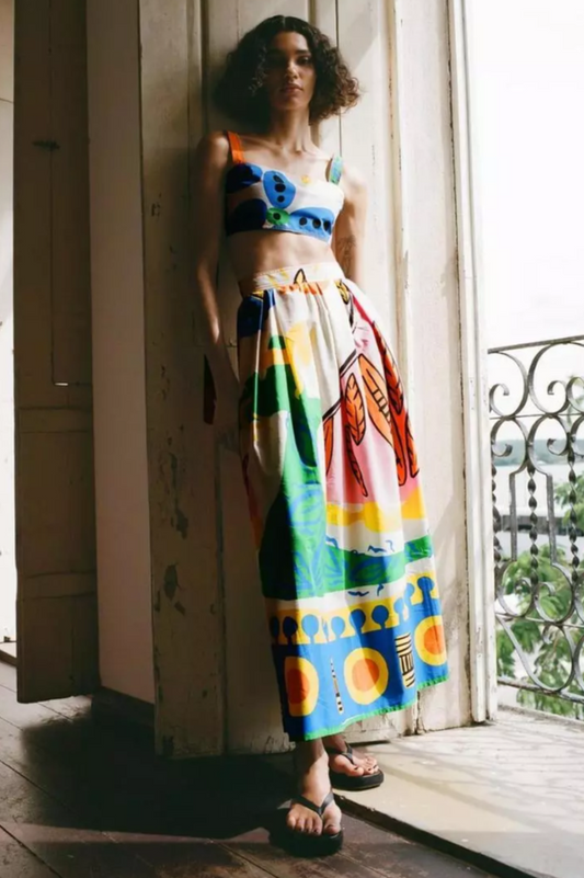 Printed Crop Top and A-Line Midi Skirt Set