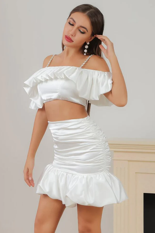 White Satin Crop Top & Mermaid Skirt Set