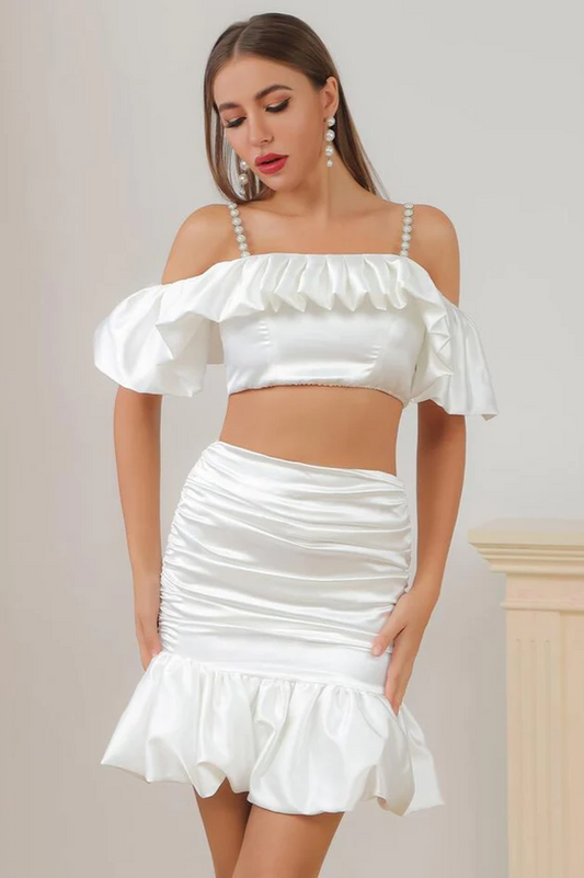 White Satin Crop Top & Mermaid Skirt Set