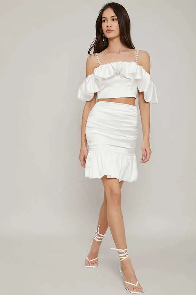 White Satin Crop Top & Mermaid Skirt Set