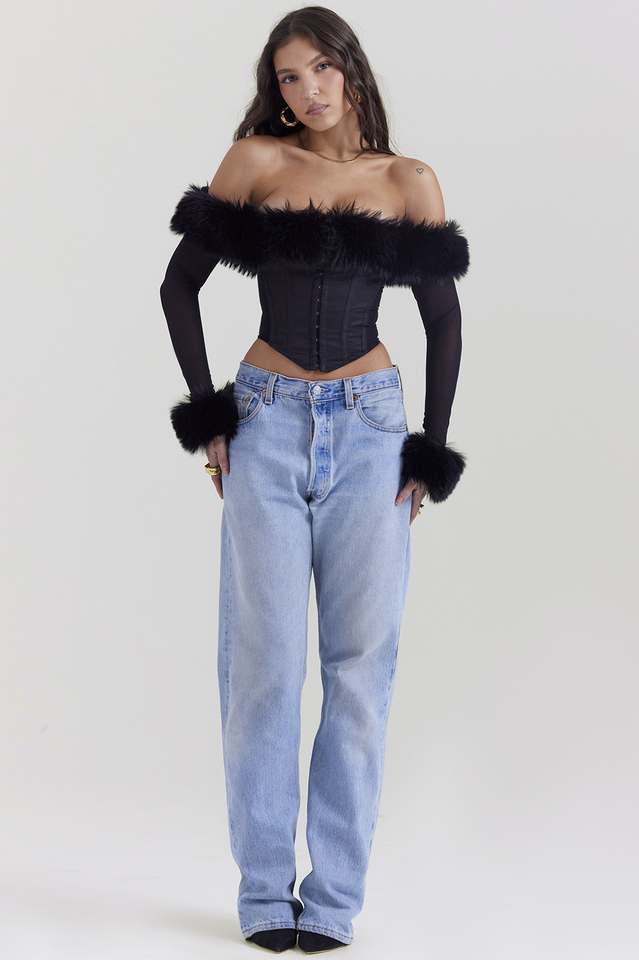 Black Faux Fur Trimmed Off-Shoulder Bustier