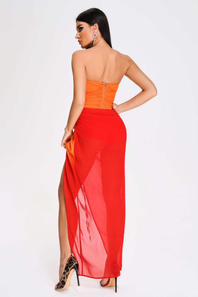 Red Ombre Strapless Skirt Set