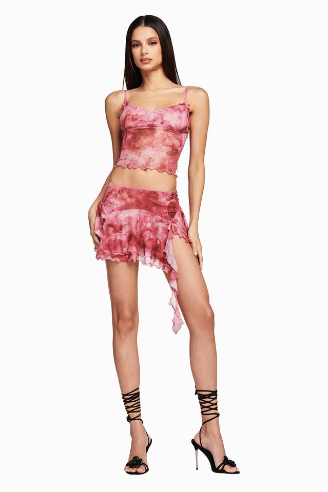 Pink Floral Spaghetti Strap Top and Skirt Set