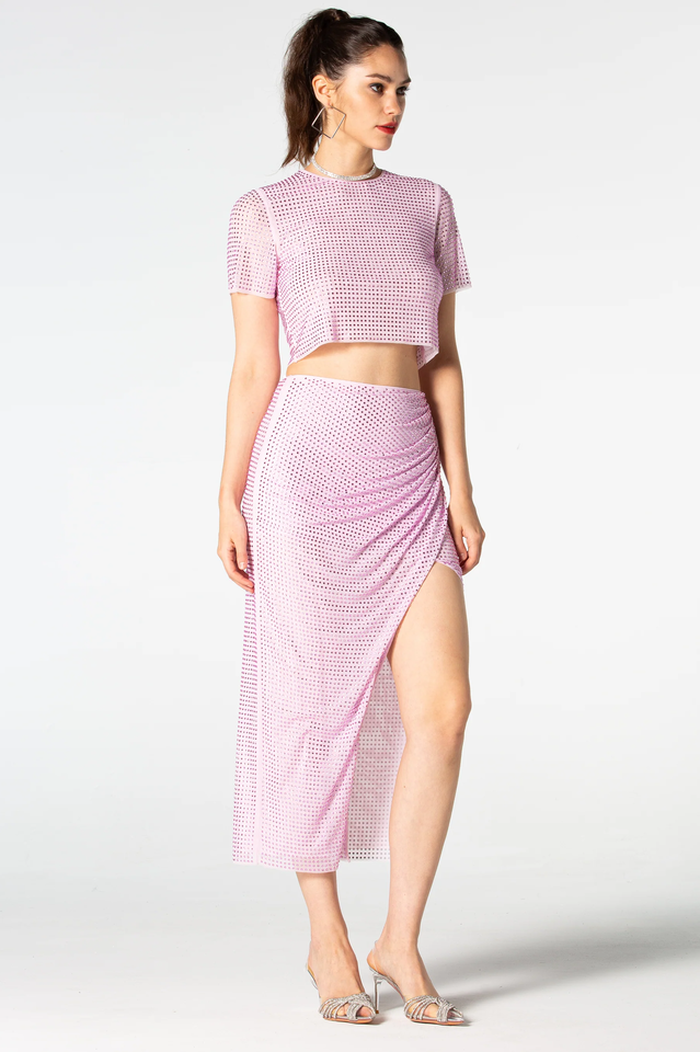 Pink Rhinestone Wrap Midi Skirt Set