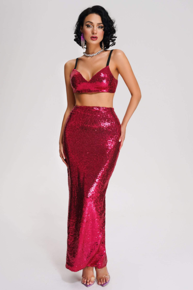 Pink Sequin Crop Top and Maxi Skirt Set