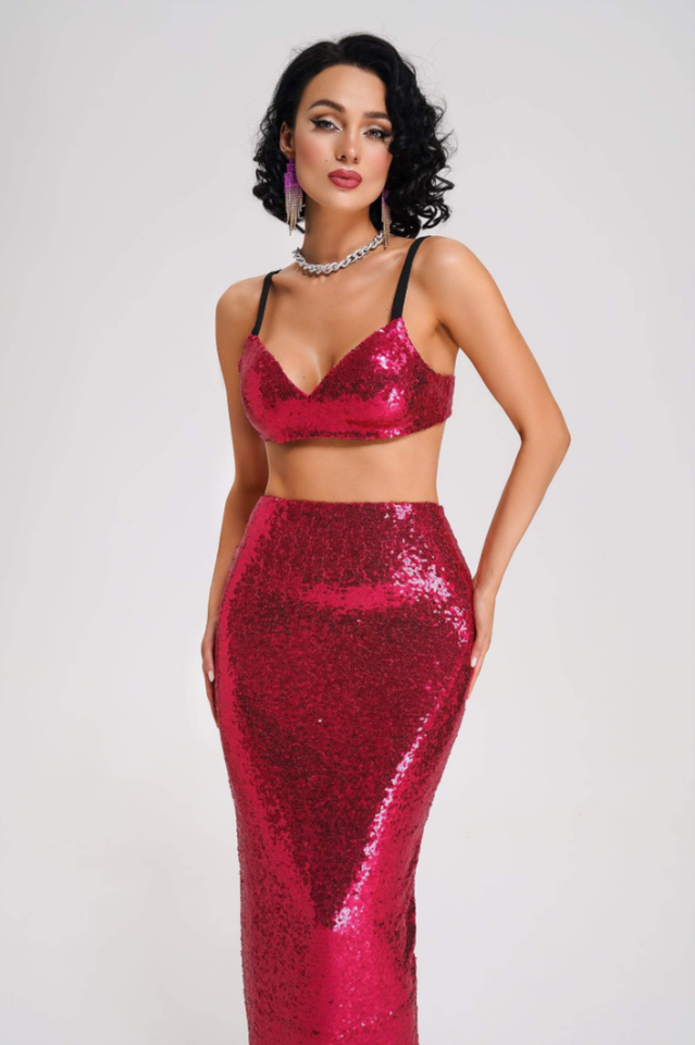 Pink Sequin Crop Top and Maxi Skirt Set