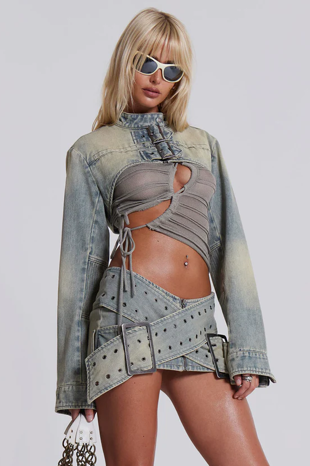 Denim Assassin Micro Mini Skirt with Wrap Belt Style