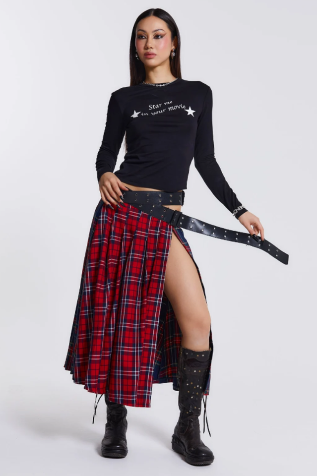 Rebel Maxi Kilt With Tartan Print And Thigh Split