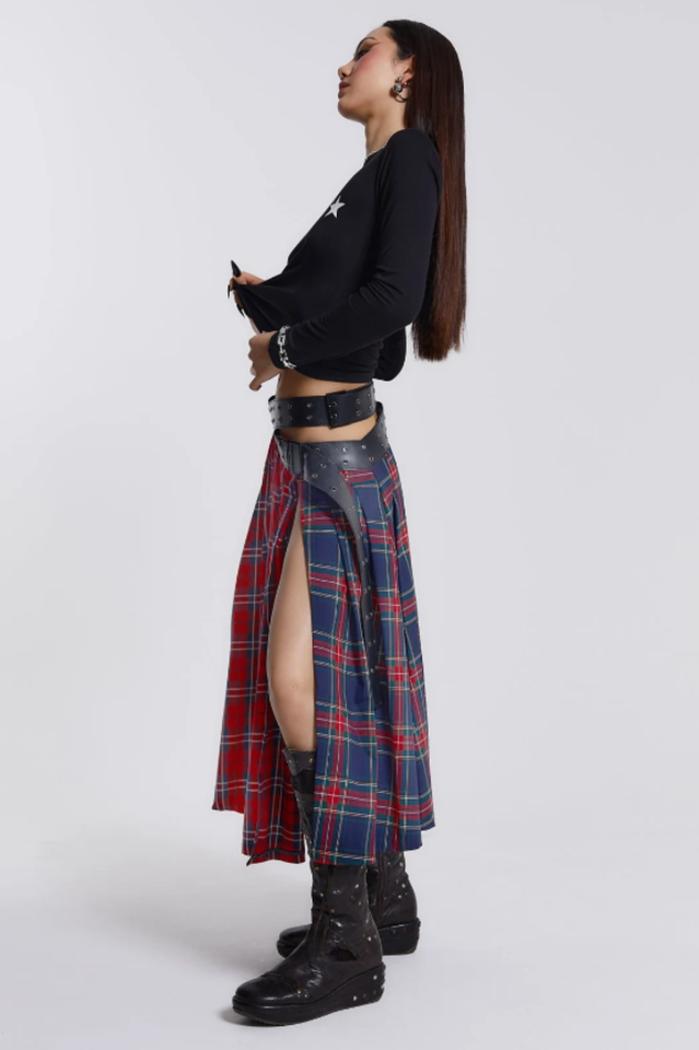 Rebel Maxi Kilt With Tartan Print And Thigh Split