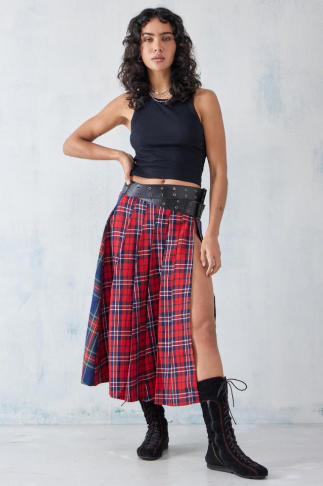 Rebel Maxi Kilt With Tartan Print And Thigh Split