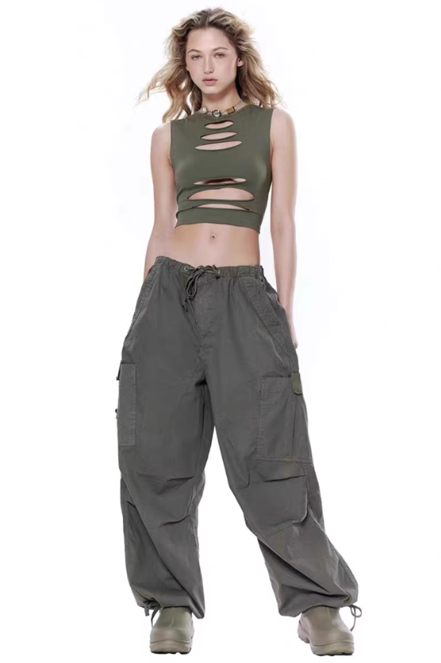 Vintage Parachute Cargo Pants with Adjustable Drawcord