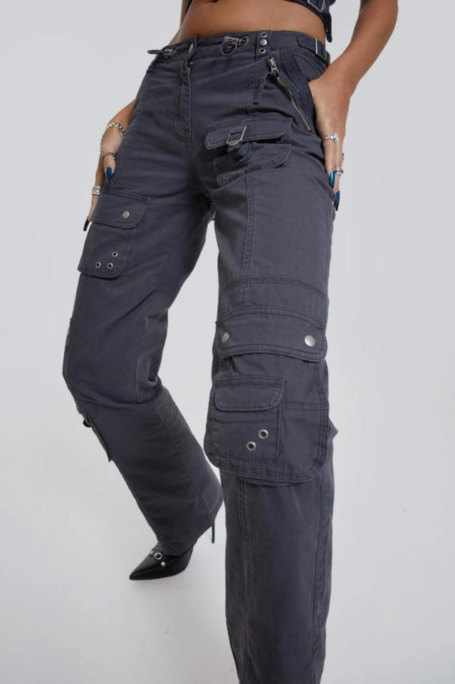 Vintage Grey Low Rise Cargo Pants with Pockets