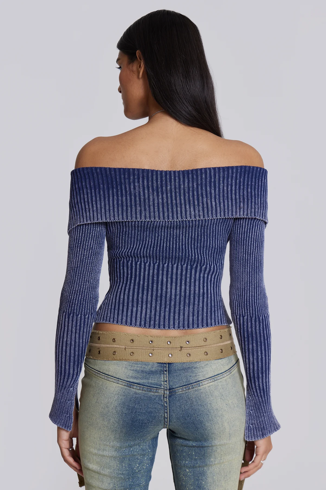 Tribeca Blue Ribbed Off The Shoulder Knit Top