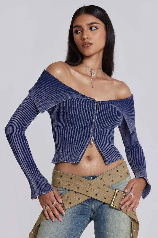 Tribeca Blue Ribbed Off The Shoulder Knit Top