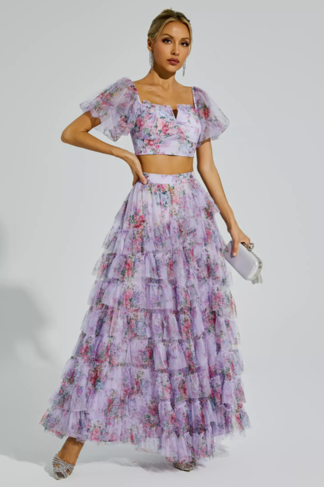 Braylee Purple Floral Ruched Two-Piece Set