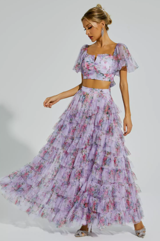 Braylee Purple Floral Ruched Two-Piece Set