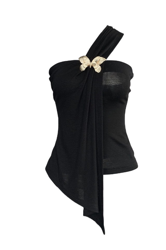 Black Draped Top With An Asymmetrical Cut