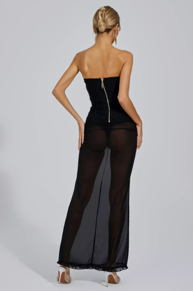 Black Bandage Bustier And Chiffon Maxi Skirt Set