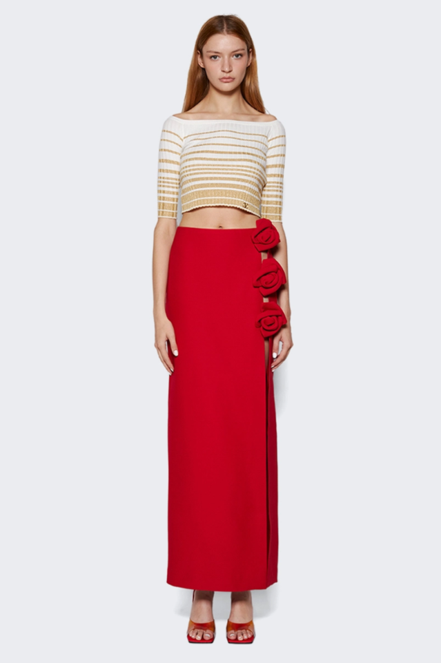 Long Rose Skirt with Side Slit and Rosette Detail